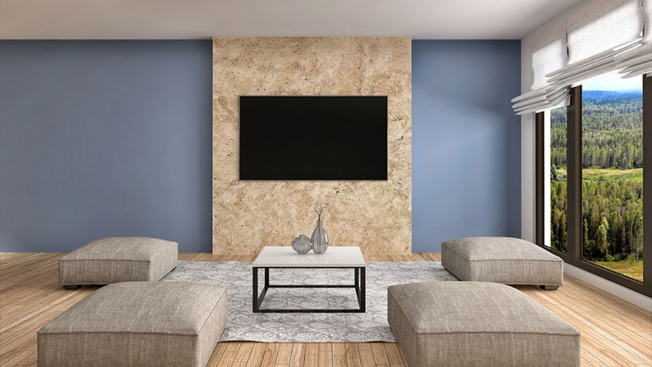 Ściana za telewizorem pokryta Perla Sabbia Magnat